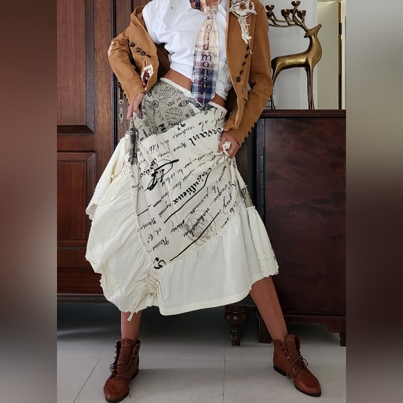 Maxi Skirt Shabby Upcycled Antique Lace Vintage European Cotton Patching - Picture 8 of 16